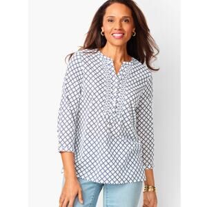 Talbots Womens 2X Navy White Pintuck Popover Diamond Tile 3/4 Sleeve Blouse